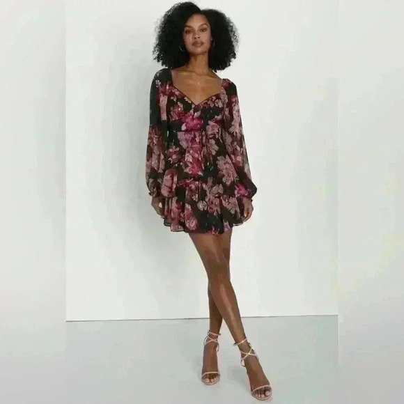 NWT Lulus Dramatically Dreamy Black Floral Chiffon Tiered Lurex Mini Dress - Picture 11 of 14